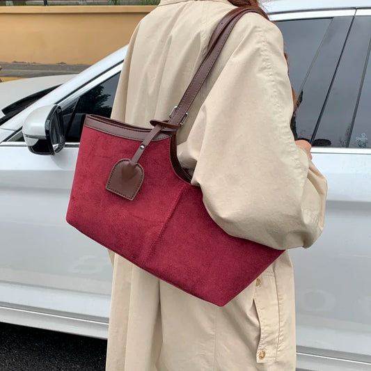 2026 Autumn Retro Suede Shoulder Bags for Women Faux Patchwork PU Underarm Armpit Bag Work Travel Casual Street Designer Handbag