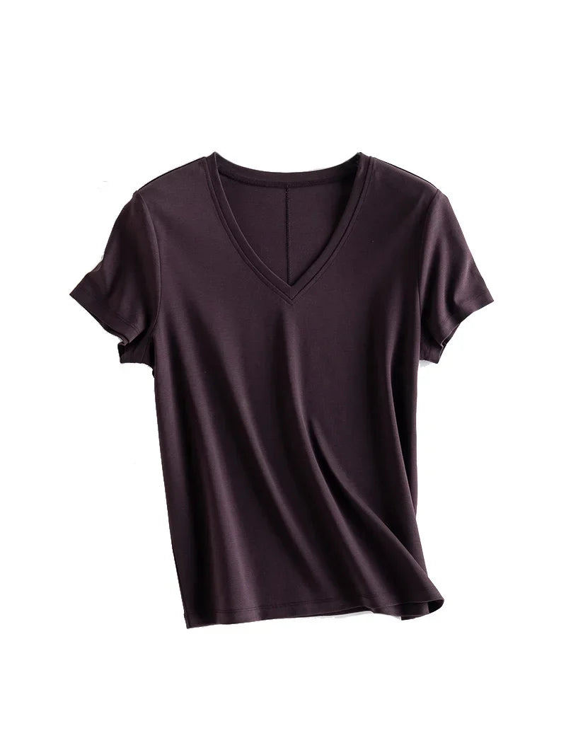 Women Solid T Shirt, Silk Cotton Blend, Square Collar, Short Sleeves Chic Shirt 2025 Spring Summer Cozy Top