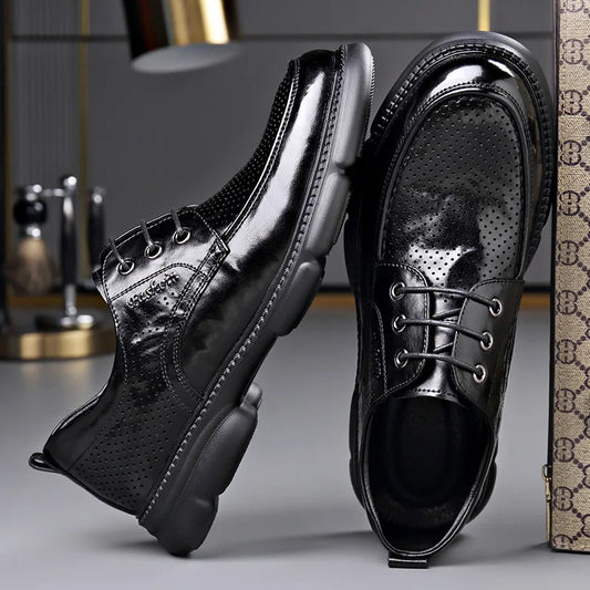 Summer Hallow Cow Leather Shoes for Men Fashion Casual Black New Designer Dress Shoes Male Lace Breathable Platform Shoes Man