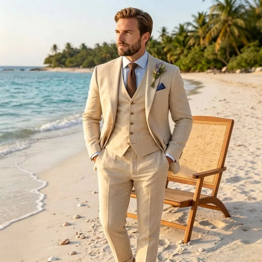 Beige Linen Wedding Suit 3 Piece Set Beach Groom Lightweight Summer Mens Suits Casual Outdoor Fashion Breathable Trousers Vest