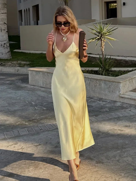 Yellow Satin Sling Dress Women Elegant V Neck Sleeveless Backless High Waist Maxi Dresses 2025 Summer Lady Party Evening Robes