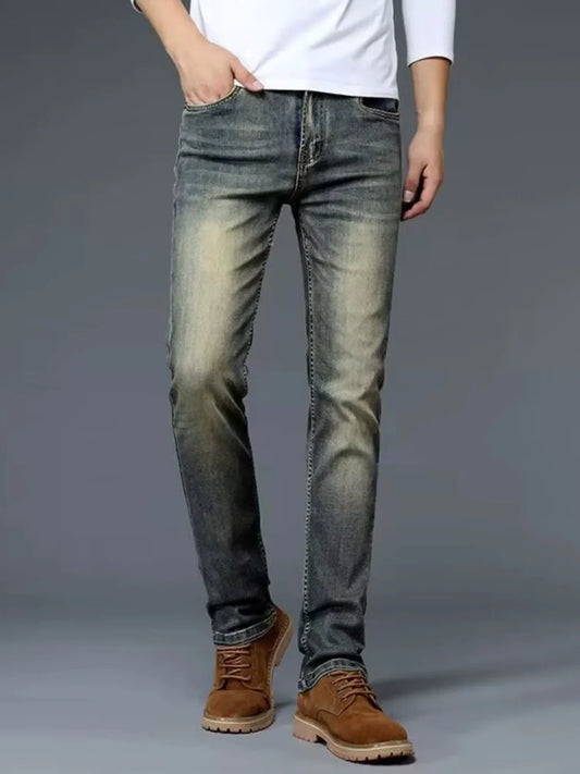 High-End Retro Men's Straight Leg Stretchy Jeans Fashionable Urban Casual Long Trousers Spring Autumn Cotton Stretch Denim