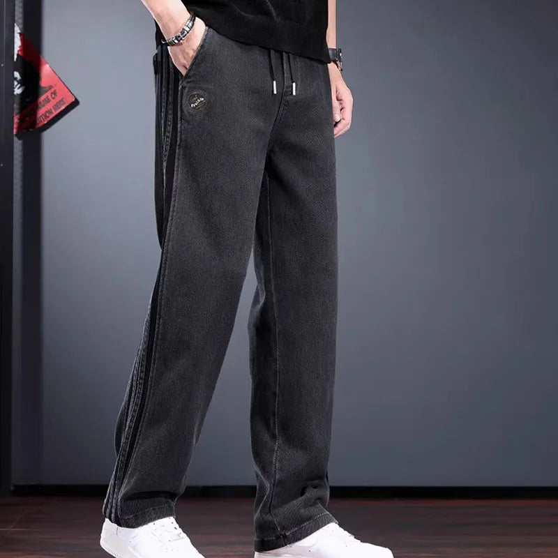 Korean Men'S Jeans Fashion Casual Pants Retro Men'S Straight Leg Pants Side Striped Denim Drawstring Pants
