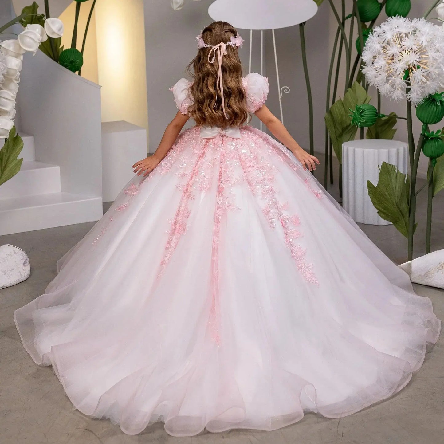 Blush Pink Lace Flower Girl Dress Princess Ballgown Little Girls Wedding Dress Toddle Kids Birthday Party Gowns Customized