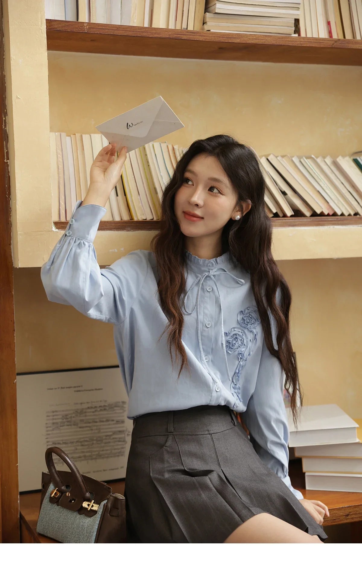Coiled Flowers Embroidered Blue Shirt for Women Spring 2026 Stand Neck Lace-up Brushed Shirts Office Lady MXE44C2398