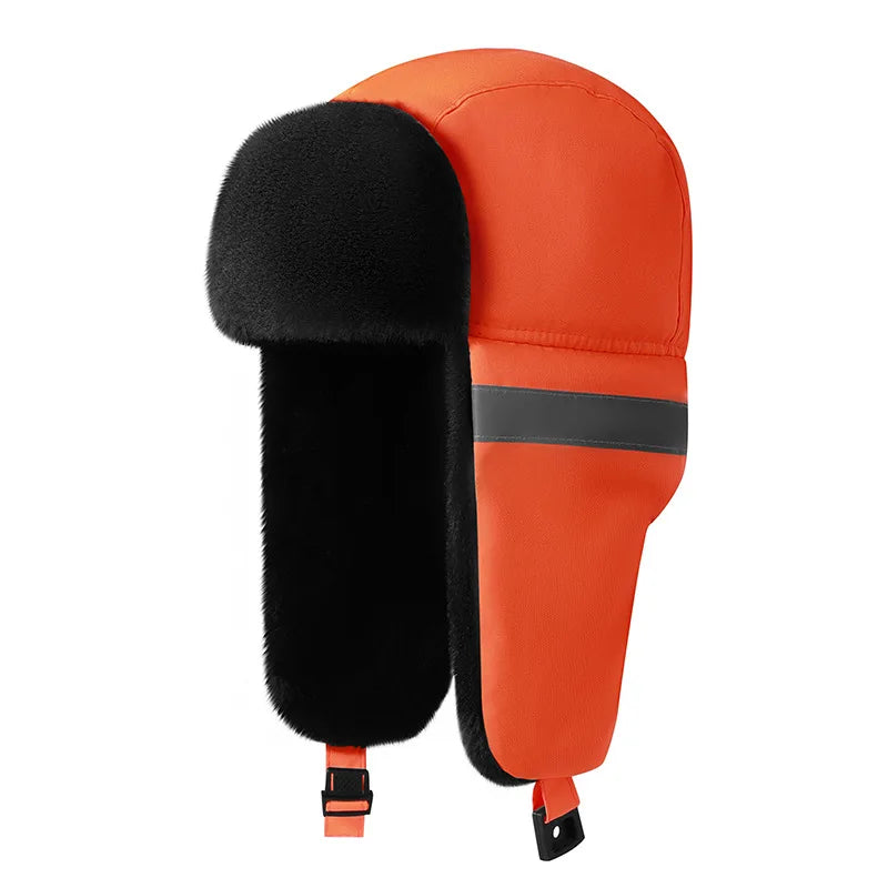 Men's Winter Trapper Aviator Earflap Warm Russian Waterproof Ski Hat Bomber Cap Safety Reflective Strip Protectors Hats