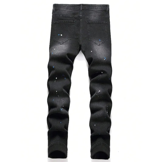 2025 Autumn New Stretch Jeans Fashionable Ripped Patchwork Slim European American Pants Male Paint Dot Hip Hop Denim Trousers
