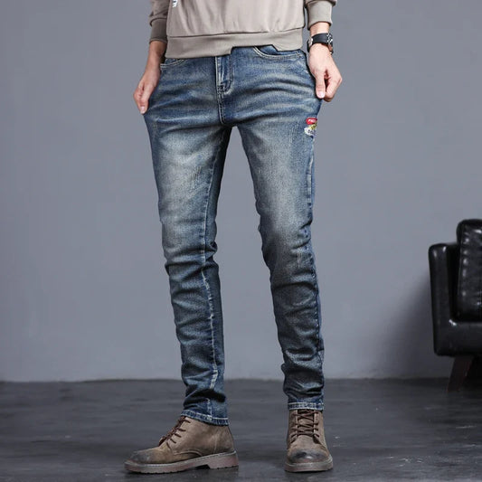 New Four Seasons Men's Jeans Vintage Blue Solid Color Elastic Classic Jeans Men Slim Fashion Casual Denim Trousers