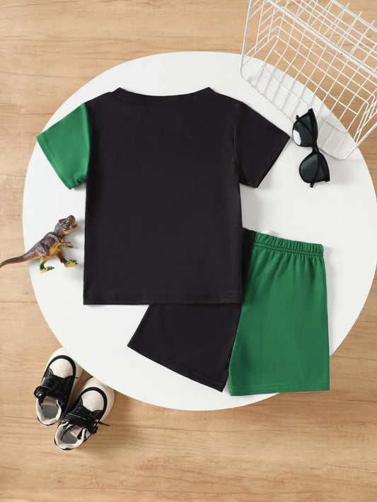 Boys Summer Clothes Set Dinosaur ROAR Print Color Block T-shirt Shorts 2Pcs Toddler Kids Breathable Sporty Casual Outfit