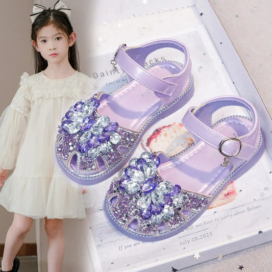 Girls Crystal Slip-On Shoes Soft Bottom Rhinestone Princess Flats Spring Autumn New Style Kids Lightweight Sweet Leather Shoes