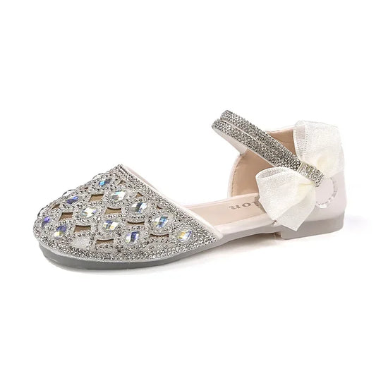 Girls Sandals Shiny Crystal Ins Trendy 2026 Summer New Kids Princess Shoes Mesh Lace Bows Girls Dance Shoes Elegant Hollowed-out