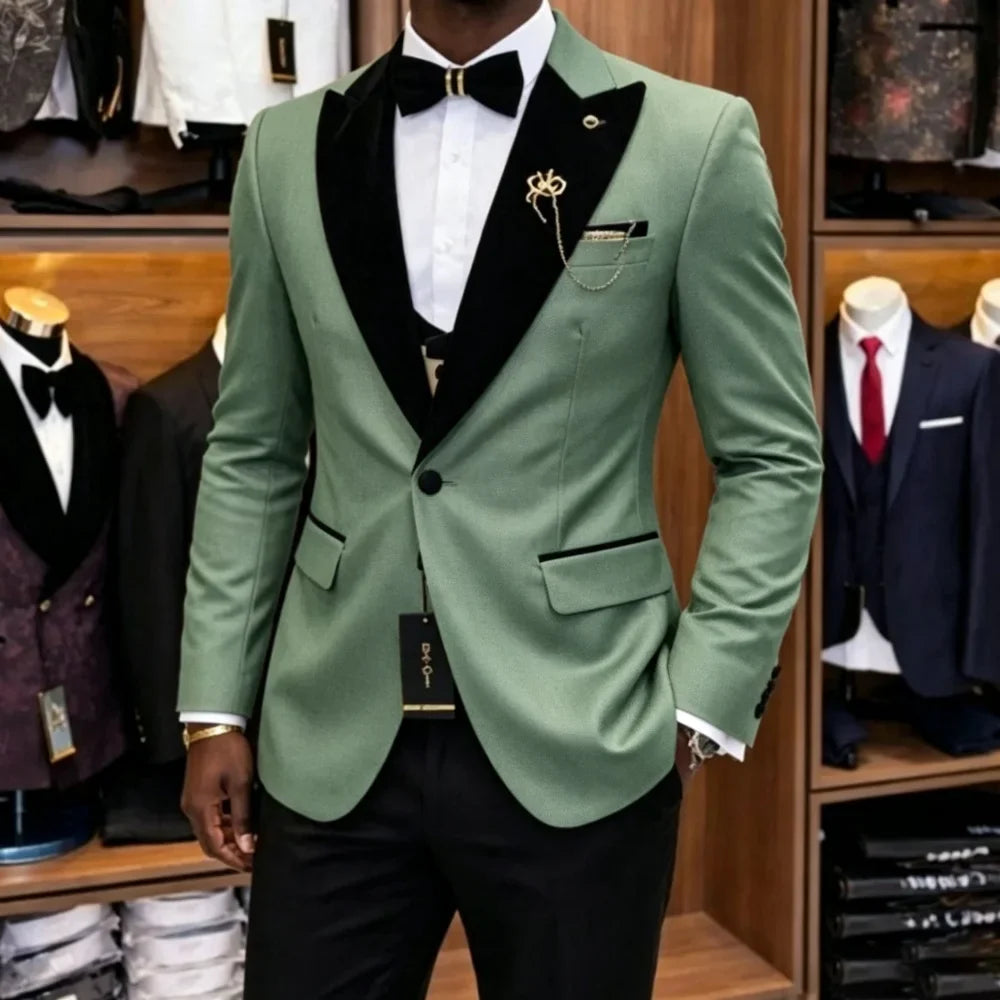 Slim Fit Luxury Three Pieces Men Suit Set Separates Custom Groom Tuxedo With Black Velvet Lapel For Wedding Party ropa hombre
