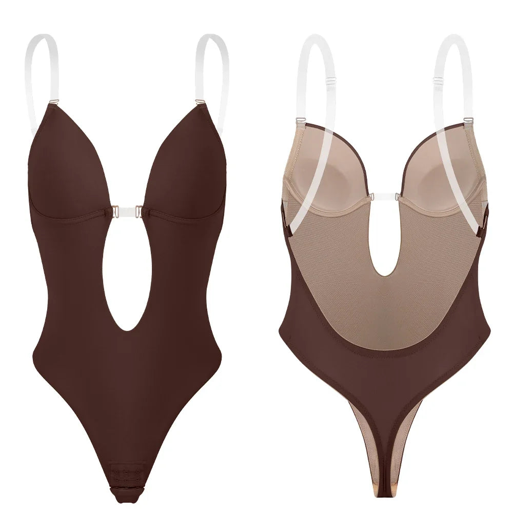 Backless Bodysuit Shapewear for Women Built-in Bra Multiple straps Thongs Body Shaper U Plunge Seam-free Faja with Open Crotch