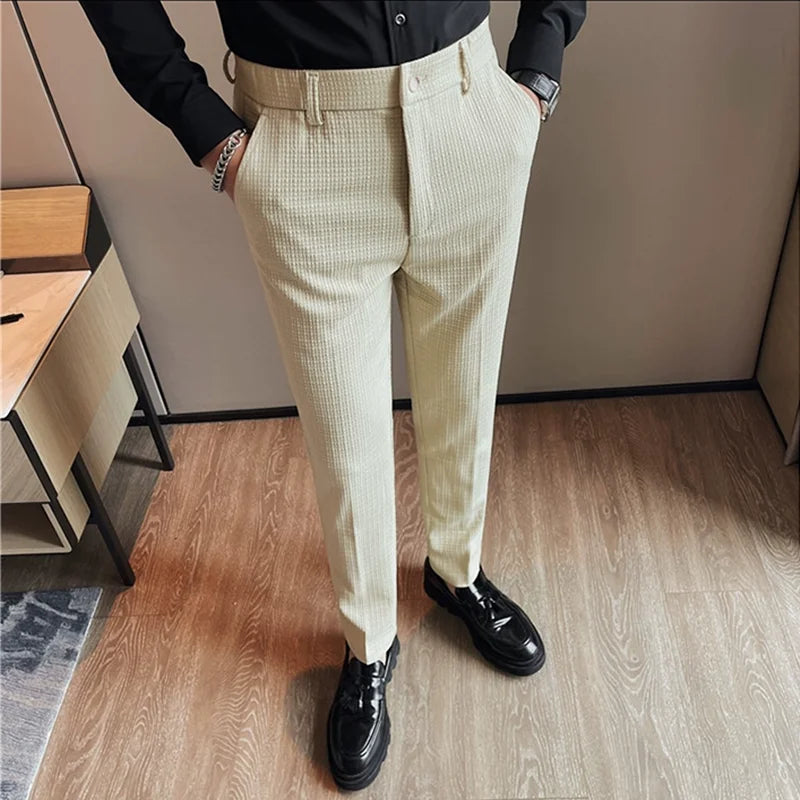 Men's Waffle Casual Pants Fashion Korean Stretch Waist Business Formal Pants Mens Social Party Suit Pants Streetwear Pencil Pant