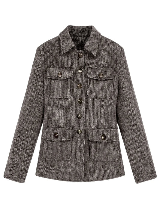 Men's Herringbone Wool Blend Blazer Jacket Notch Collar Utility Multi-Pocket Casual Overcoat For Spring Autumn
