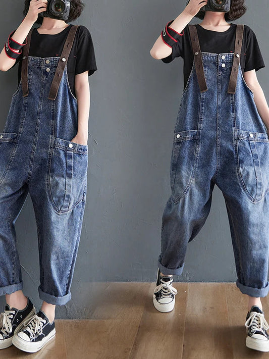 Anti-Aging High Waist Loose Women's Denim Overalls Korean Sle Summer Faion Thinming Harem Nine-Piece Pants