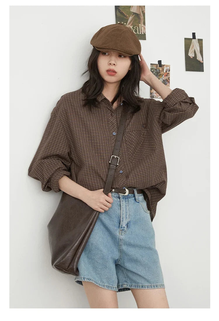 Women Shirt Loose Casual Single-breasted New Retro Contrast Plaid Embroidered Blouses Female Top Autumn Winter 2026