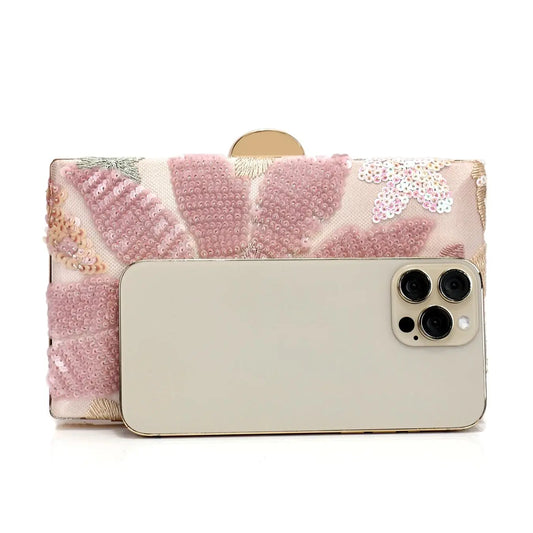 Random Pattern Women's Floral Pattern Clutch Bag, Fashion Retro Sequin Embroidery Floral Chain Evening Bag, Mini Box Bag For Par