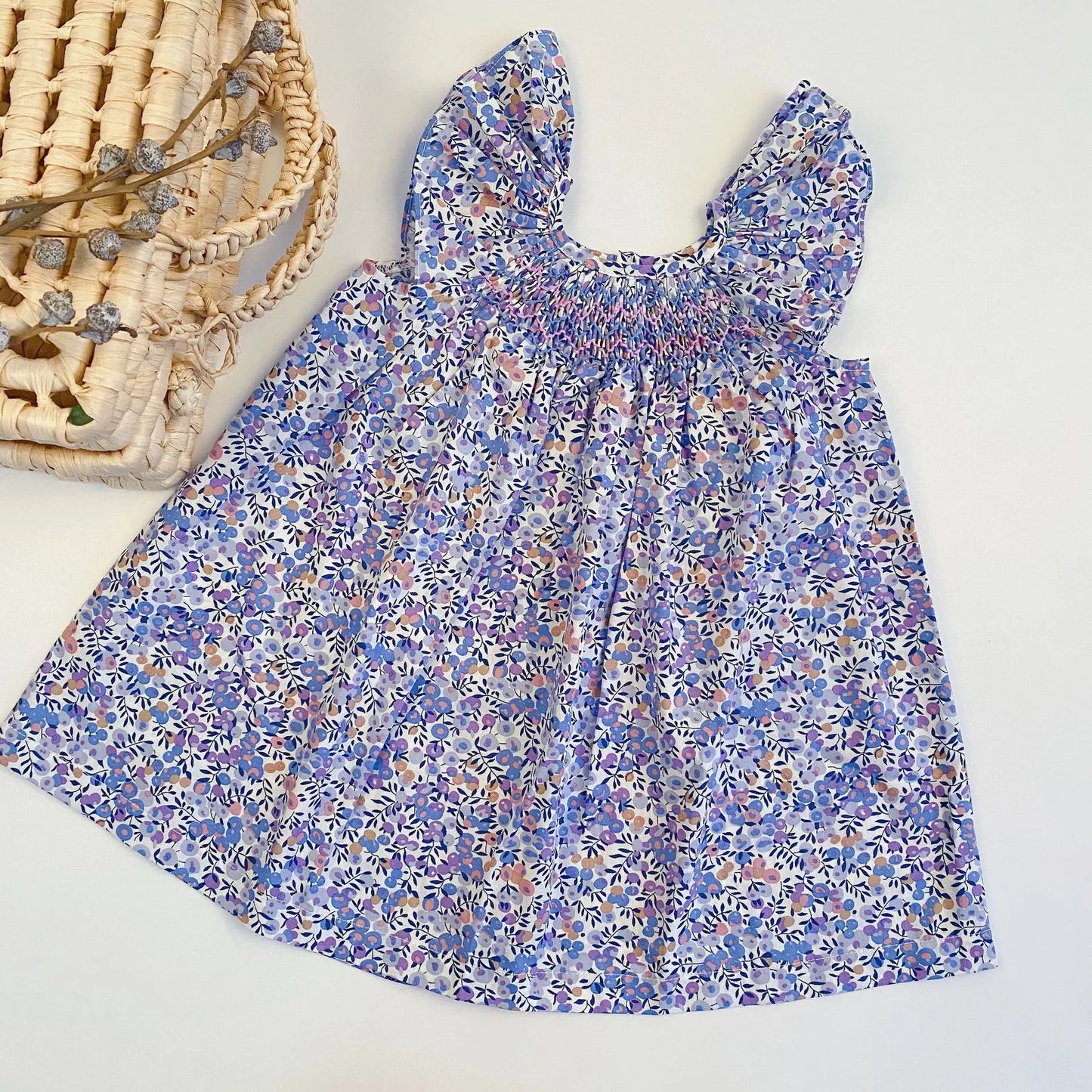 Summer Floral Smocked Vest Dress for Girls Vestidos European Style Baby Dresses Soft Breathable Cotton Children Beach Dress