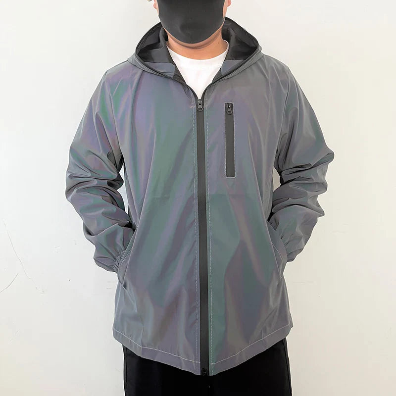 Men's Night Reflective Windproof Hooded Jacket Hip-hop Streetwear Couple Trend Coat for Outdoor Cycling Jogging Safety Clothing