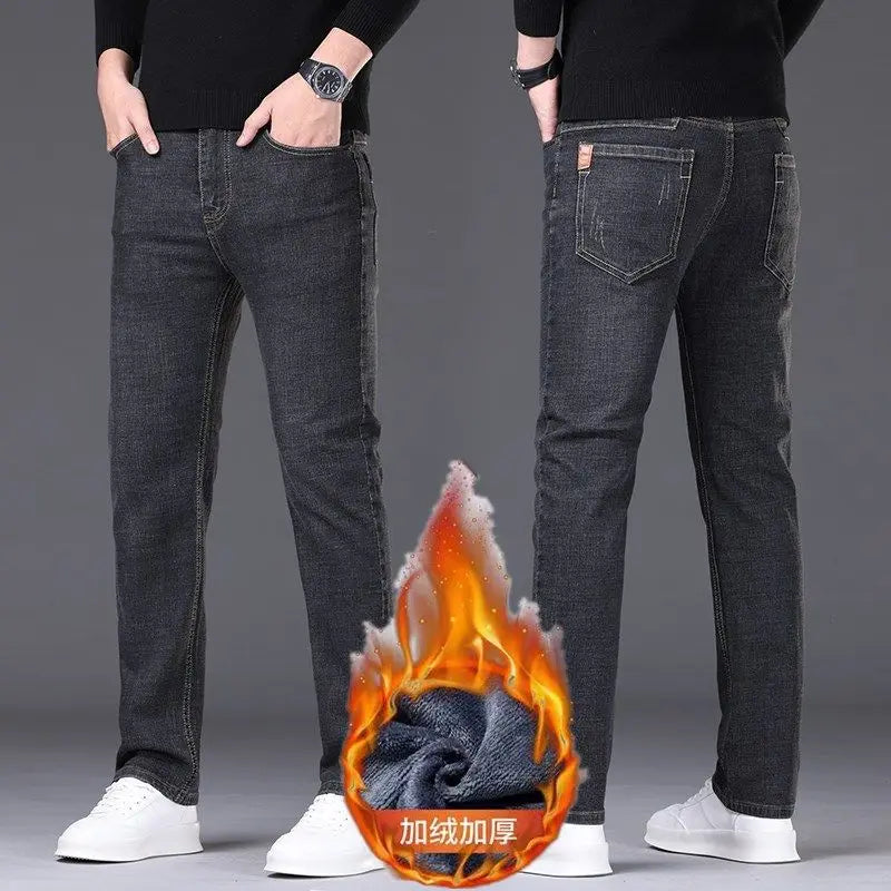 2025 Winter Men's Large Plush Thick Jeans Fashion Casual Versatile Business Jeans Warm and Cold Resistant Black Blue Denim Pants