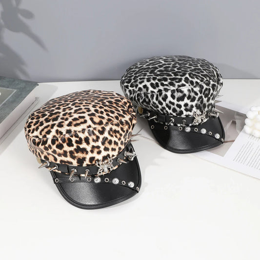 Sweet cool Spice Girl style riveted spider hoop PU leather newsboy hat Y2K fashion trend shopping face small beret