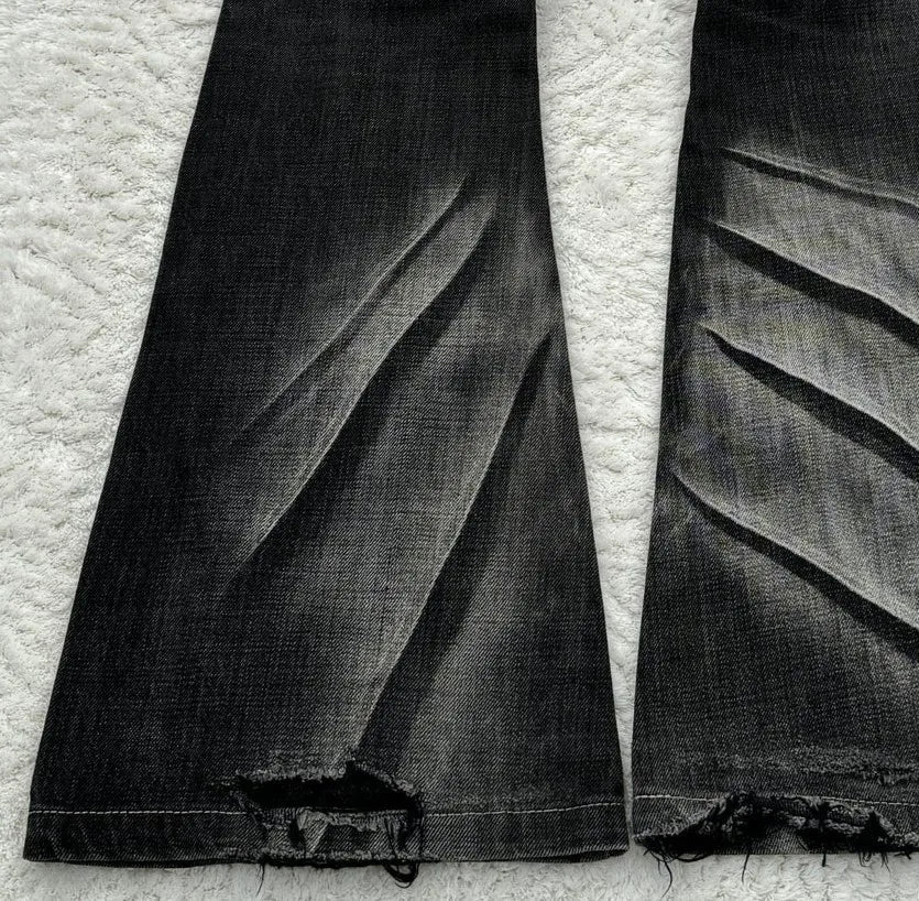 Y2K Distressed Flare Jeans Gothic Men Double Waist Lace Up Denim Pants Retro Washed Scratches Streetwear Unisex Bootcut Jeans
