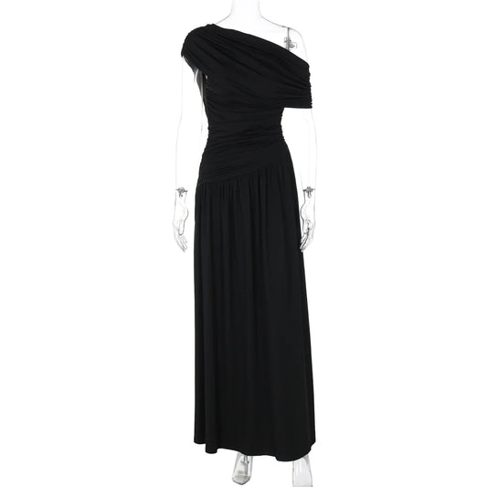 One Shoulder Ruched Sleeveless Solid Pleated Sexy Irregular Y2K Maxi Dress Summer Elegant Party Women Clothes Vacation
