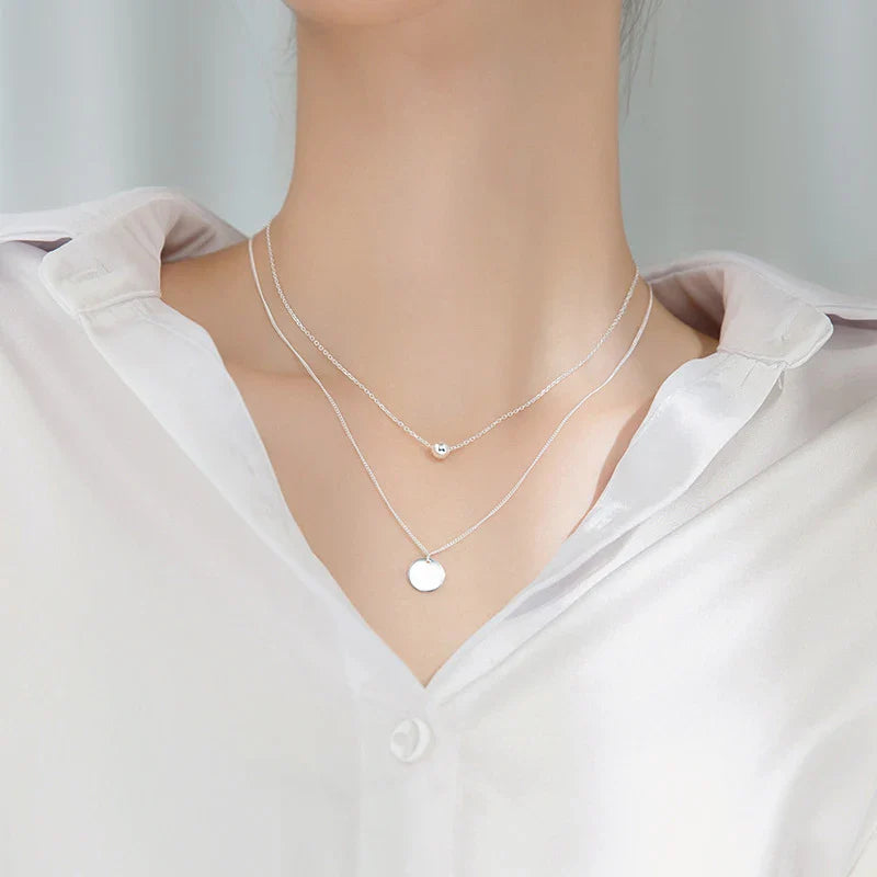 Simple Design Beads Ball Coin 925 Sterling Silver Pendant for Women Girl Double Layer Basic Chain Necklace Fine Jewelry