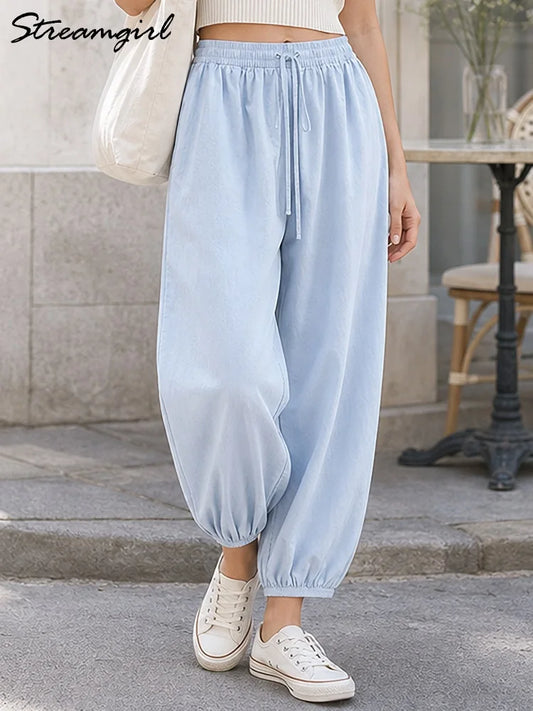 Summer Cotton Oversized Pants For Women Blue Baggy Aladdin Trousers Elastic Bloomers Navy Blue Cropped Lantern Harem Pants Woman