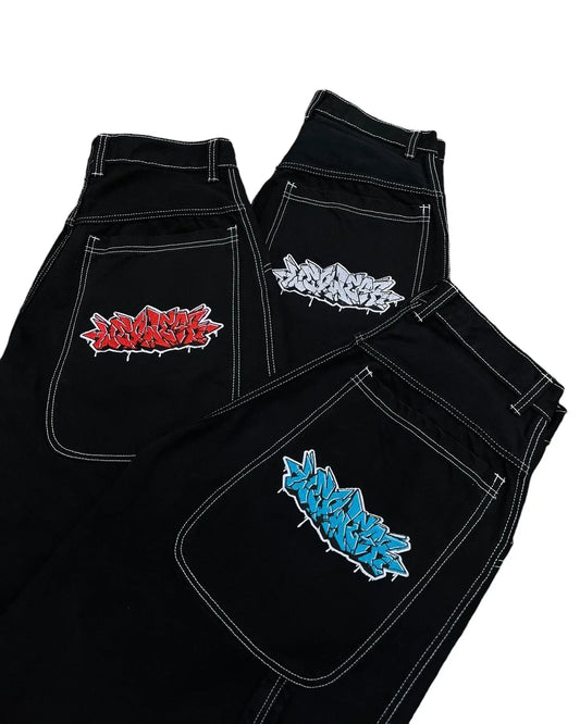 Y2k Baggy New Wexwear Stripes Black Pants Embroidered Jeans Streetwear Men Harajuku Hip Hop Women High Waist Wide Trouser