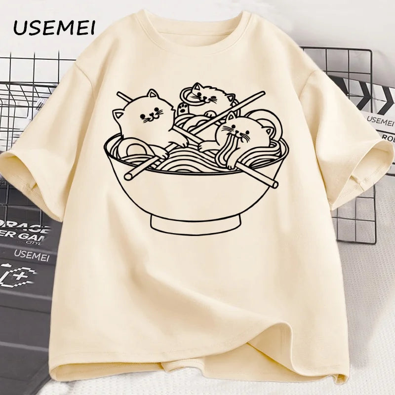 Japanese Style Cat Ramen T-Shirt Cotton Short Sleeve Kawaii Anime Tshirt Ramen Kitten Graphic Tees Cute Food Tee Shirt Clothes