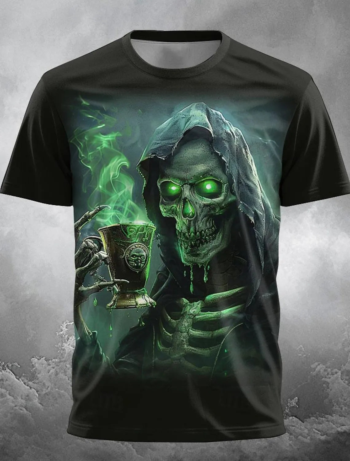 Hot selling European and American men's summer personalized skull print Halloween breathable round neck T-shirt outdoor party to
