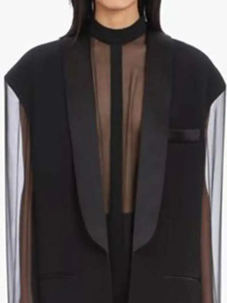 Fashion Women's Blazer Fake 2 Pcs O-neck Splicing Translucent Gauze Long Sleleve Suit Jackets Autumn 2025 New Tide 17A2746