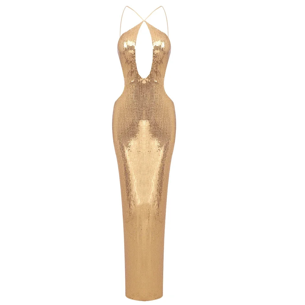 Women'S Gold Sequins Luxury Party Gown Sexy Backless Long Dress For Wedding Banquet Party Female Clothing