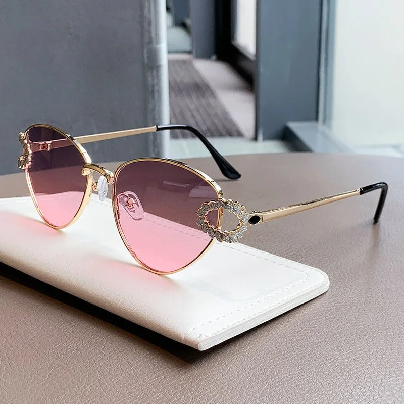 2026 Women Elegant Oval Metal Frame Cat Eye Sunglasses Hollow Rhinestone Wreath Temple UV Protection Gradient Lens Sun Shades