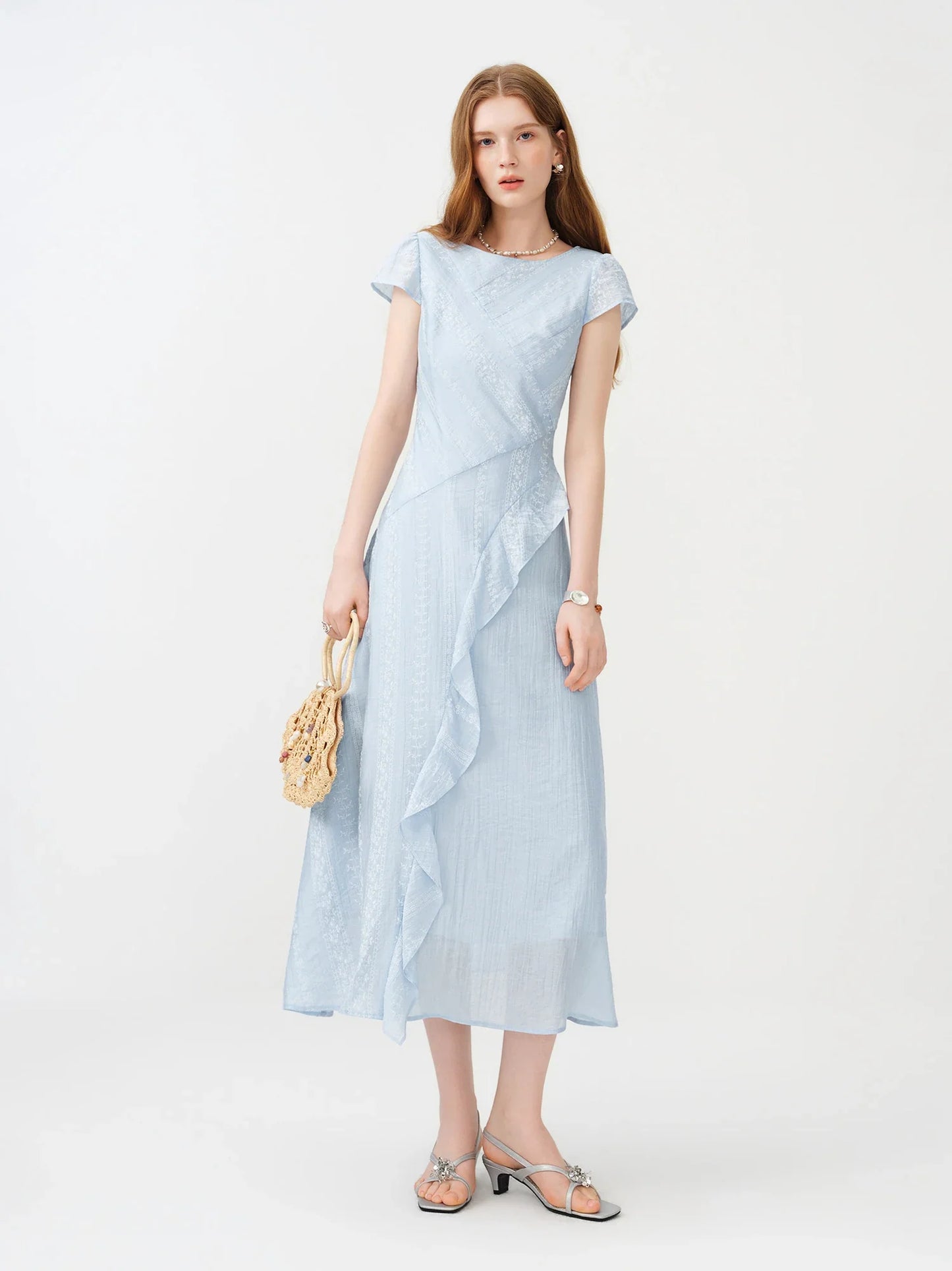 Women 2026 Summer New Arrival Soft Lyocell Dress Ruffled Waist-Cinched Bias Cut Slimming Elegant Commuter style Midi Dress