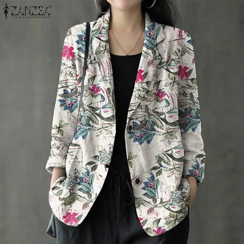 Women Cotton Blazer Vintage Lapel Neck Long Sleeve Thin Coats Autumn Elegant Work Suit Retro Floral Printed Loose Outwear
