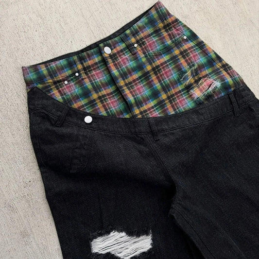 Y2k Slanted Runway Baggy Jeans Retro Plaid Patchwork Men Women Wide Leg Pants American Hip Hop Streetwear Unisex Casual Jeans