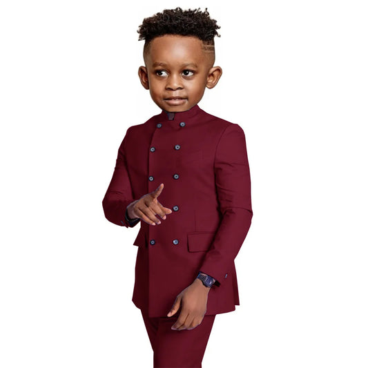 Stylish Elegant Boys Stand-up Collar Suits 2 Pieces Jacket Pants Formal Party Wear Double Breasted Kids Suit Set 2-20T