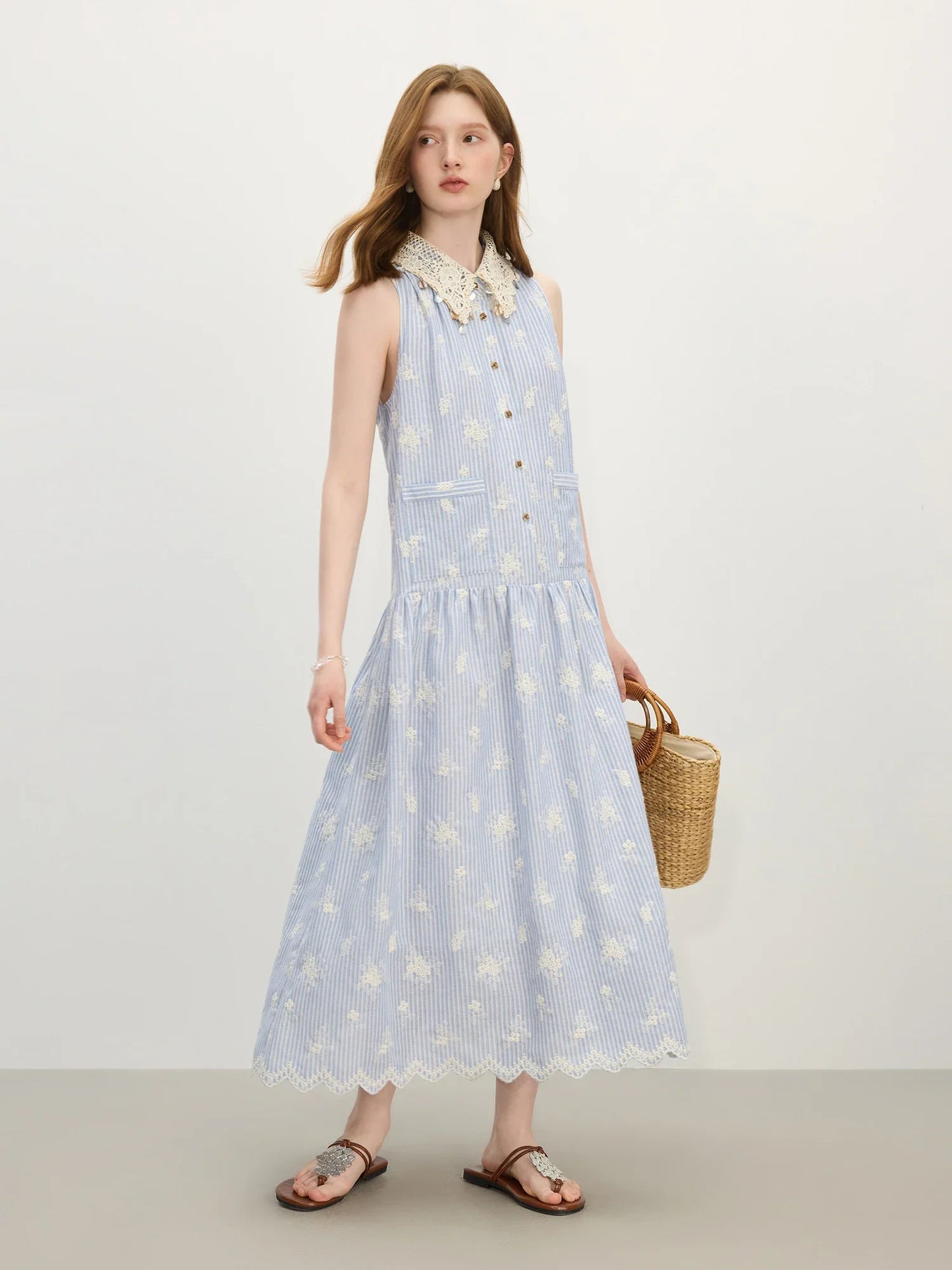 2025 Summer New Design - Women's Beach Style Casual Resort Dress with Premium Knit Blue Stripe Dresses 25FS12618