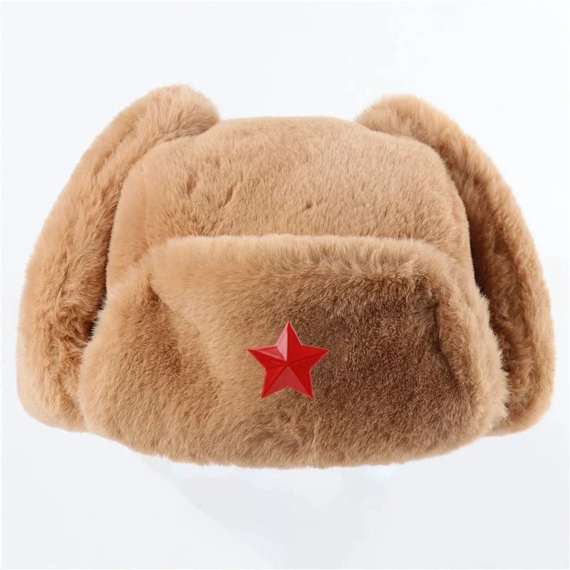 Soviet Army Military Badge Russia Ushanka Bomber Hats Pilot Trapper trooper Hat Winter Faux Rabbit Fur Earflap Men Snow Caps