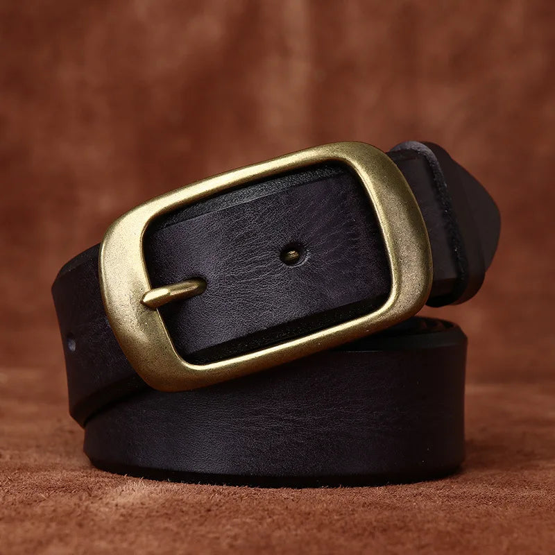 3.8 Width High Quality Pure Cowhide Thick Real Genuine Leather Men's Fashion Brass Buckle Belts Luxury Brand Jeans Belts for Men