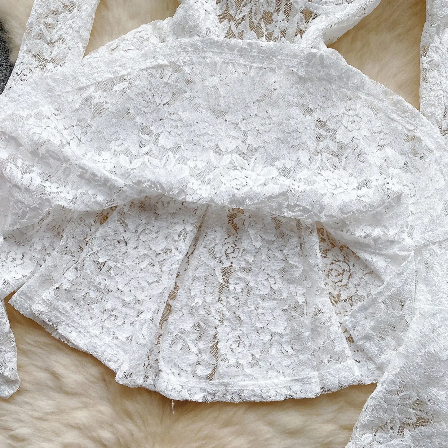 Women's Autumn Mesh Lace Hollow Out White Short Dress Women Micro Flare Sleeve See Through Translucent Sexy Girl's Mini Dress