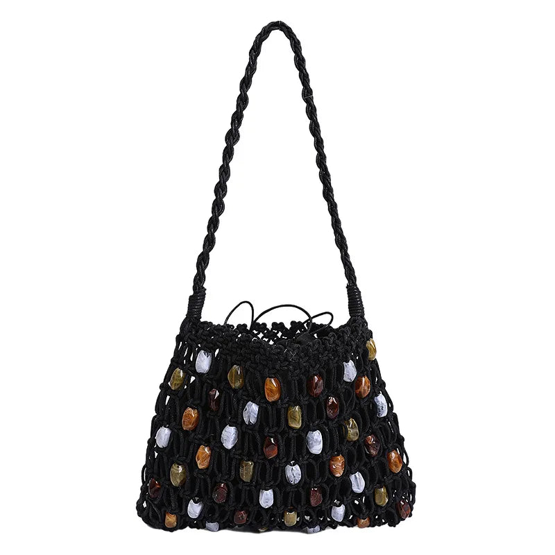 Hollow Beading Women Shoulder Bag Rope Knitting Handbags Bohemian Crochet Mesh Bags for Women Small Woven Beach Bag Flap Tote