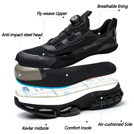 Men's Work Shoes Rotary Buckle Work Sneakers Protective Shoes Safety Industrial Puncture-Proof Anti-Smash Steel Toe Shoes
