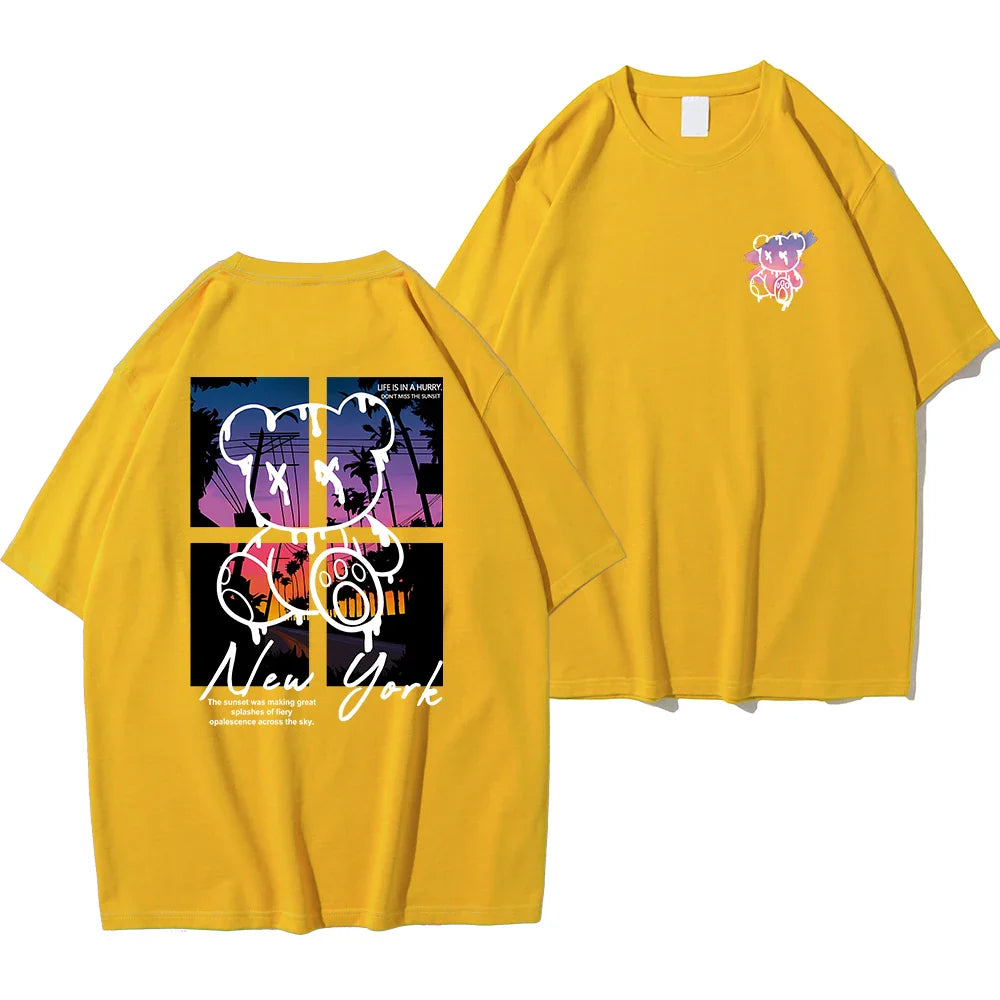 New York Art Word Cartoon Bear Sunset Scenery Design T Shirts Men Fashion Cotton Shirt Loose Summer T Shirts Oversized Tee