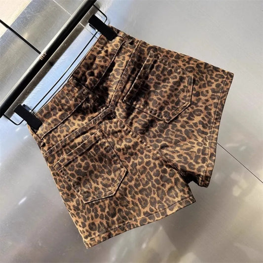 2025 Leopard Print High Waist Denim Shorts Women's New Irregular Fashion Wide-leg Pants Booty Shorts Jeans Mini Shorts Summer