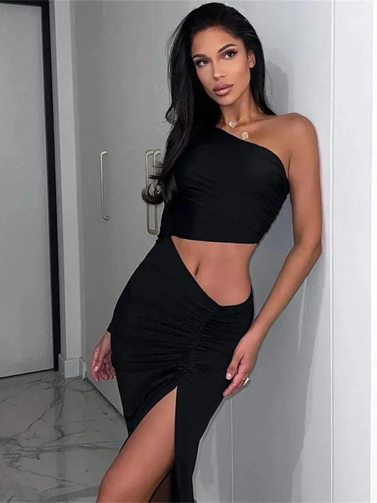 One Shoulder Cut Out Split Ruched Maxi Dress for Women Elegant Party Prom Gown Dresses Woman Sexy Birthday Outfits Robes