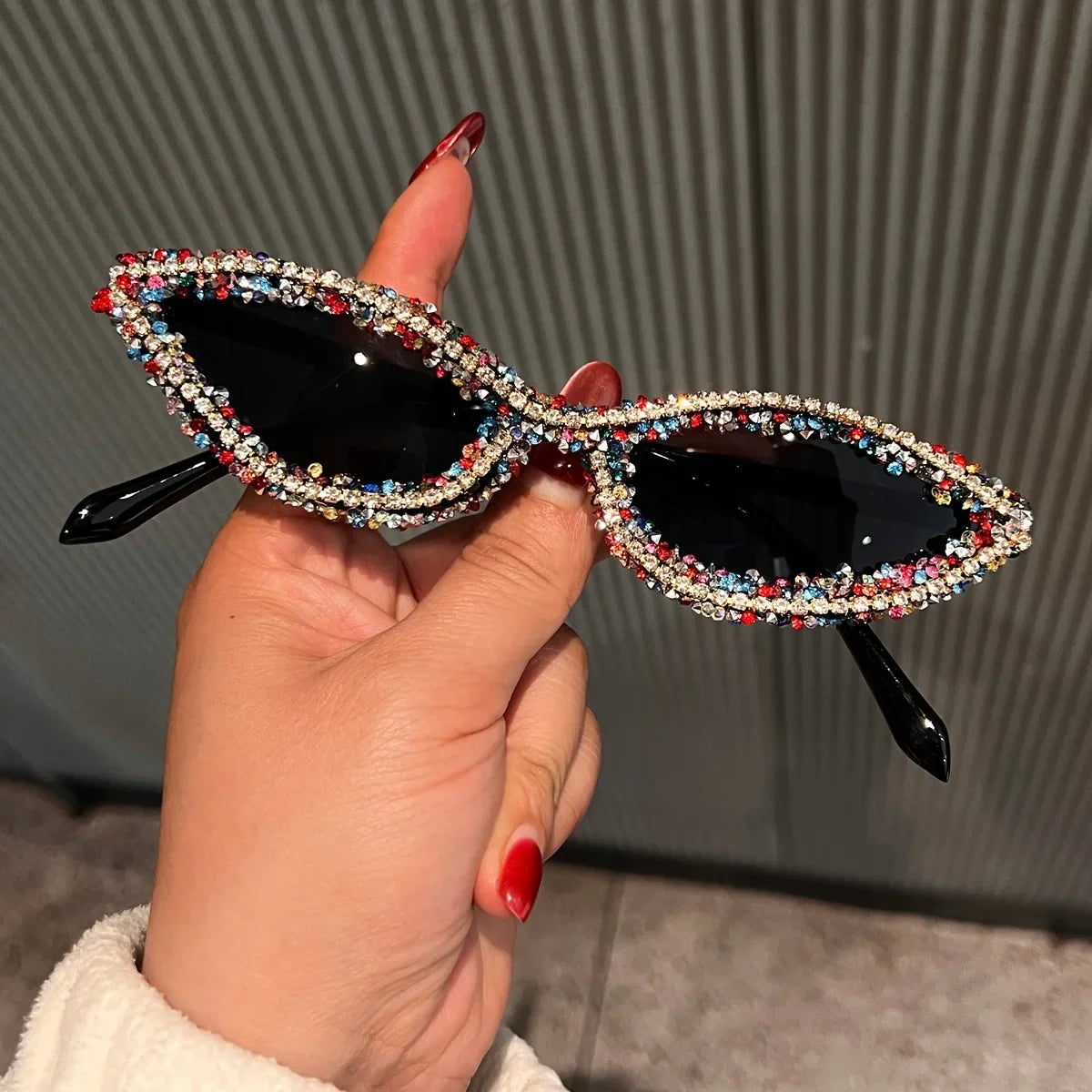 Disco Party Dance Sparkling Sunglasses Women Bling Red Rhinestone Sexy Retro Small Cat Eye Frame Shades for Club Prom UV400